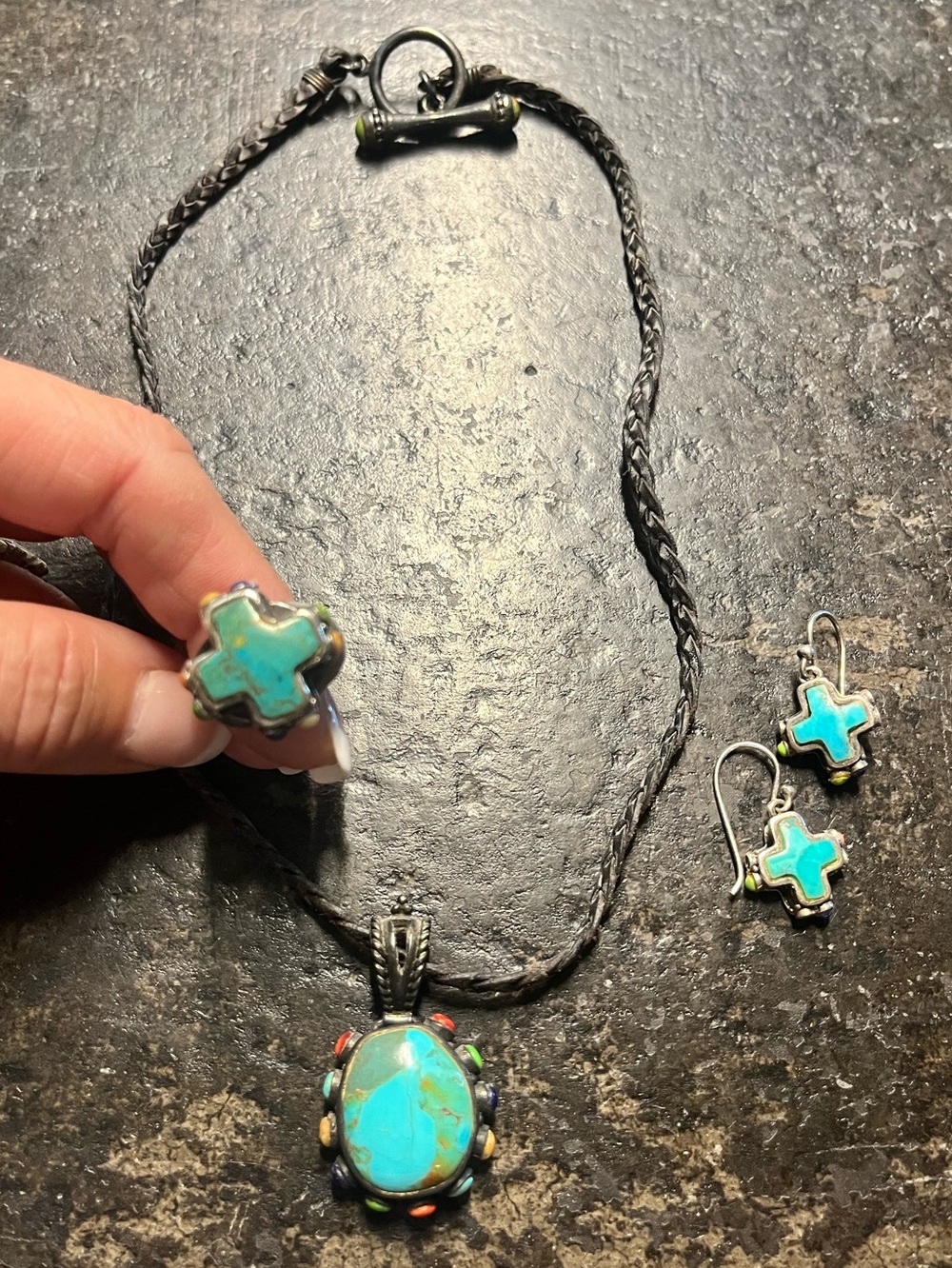 Vintage Sterling Silver, Turquoise, & Leather Necklace, Ring, Earring Set